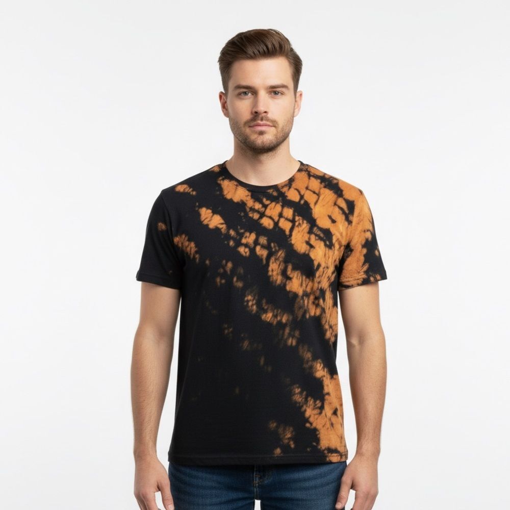 NEW Hand Dyed Black & Orange Arashi Shibori Reverse Tie-Dye Bleach-Dyed T-Shirt